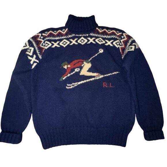 Vintage 90’s Polo Ralph Lauren Ski 100% Wool Hand Knit Turtleneck Sweater Sz M